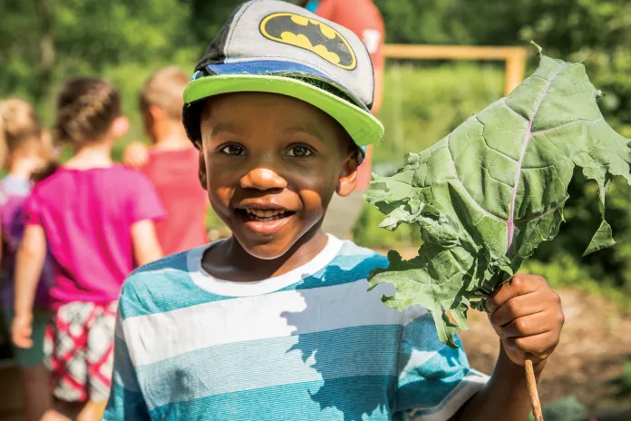 Boy holding vegetable leaf in garden
