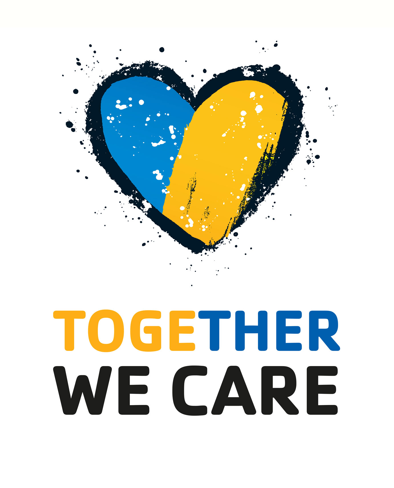 A heart with Ukrainian flag colors, yellow and blue, inside of it, with text that reads &quot;Together We Care&quot;