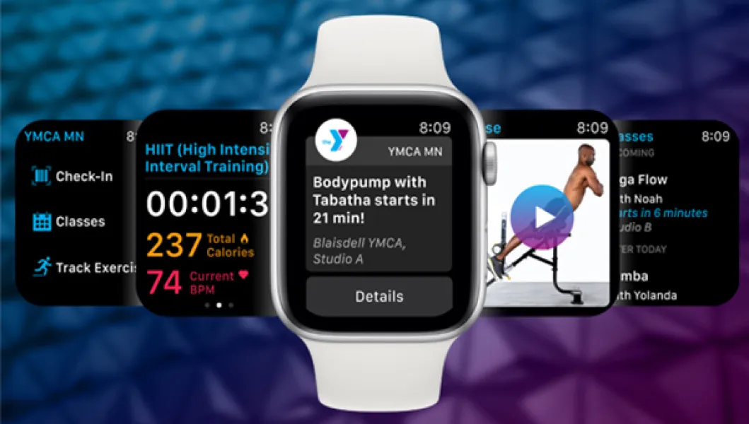 An image of the YMCA Apple Watch App with several screenshots on Apple Watches