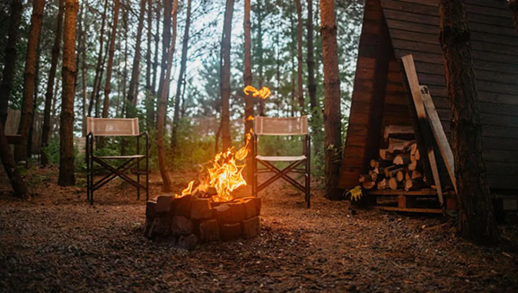 Campsite with campfire.