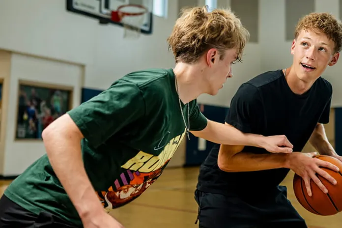 Two young men playing basketball in a gym. One is dribbling a basketball while the other is defending closely, wearing a green t-shirt. The background shows a basketball hoop and part of the gym.