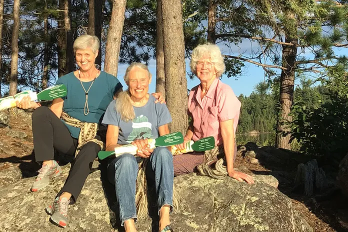 Wendy, Sally, and Keelin at Camp Widjiwagan on the eve of their 50th anniversary trip on Aug. 14, 2023