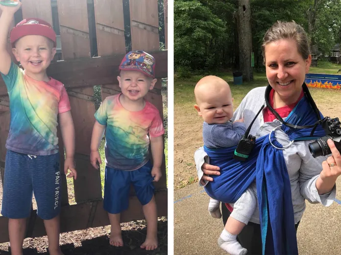(Left) Natalie’s sons at camp in 2018 (Right) Natalie and her son Augustus at camp in 2018