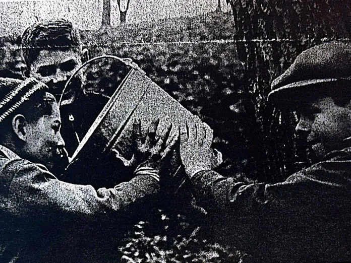 Historic photo of campers collecting sap from trees around Ihduhapi.