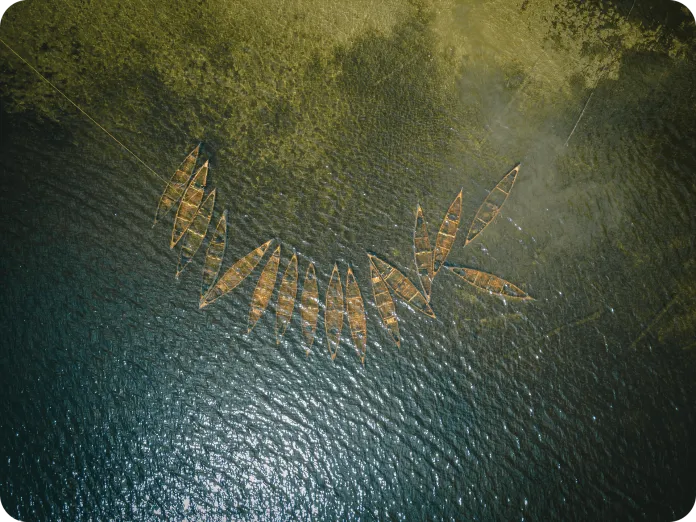 An aerial view of several wooden boats arranged in a formation on the water, surrounded by a greenish shoreline. The boats vary in size and orientation, and the sunlight reflects off the water's surface, creating a shimmering effect.
