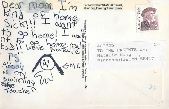 Postcard from Natalie to parents