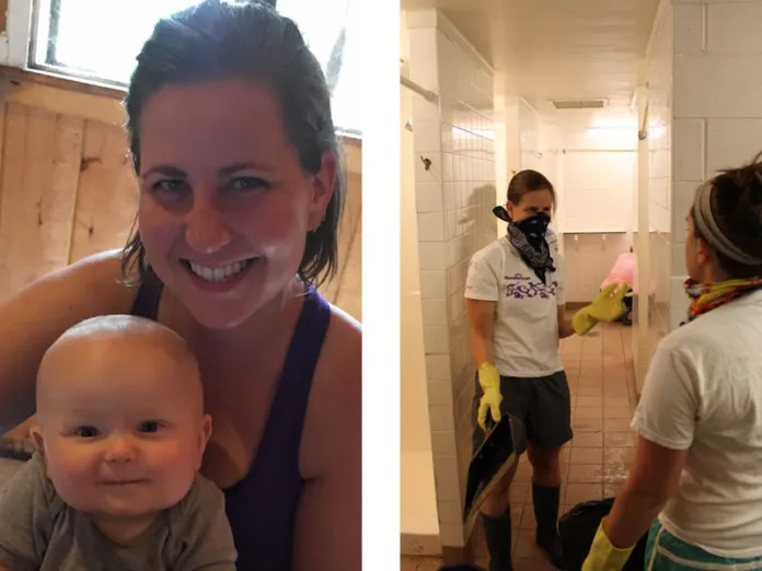 (Left) Natalie at camp in 2016 with her son, Xander (Right) Natalie helping clean the bathrooms at camp after a plumbing problem created a sewage situation in the showers.